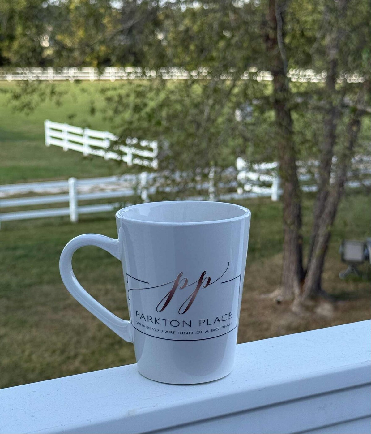 Parkton Place branded mug on the porch railing overlooking the pasture