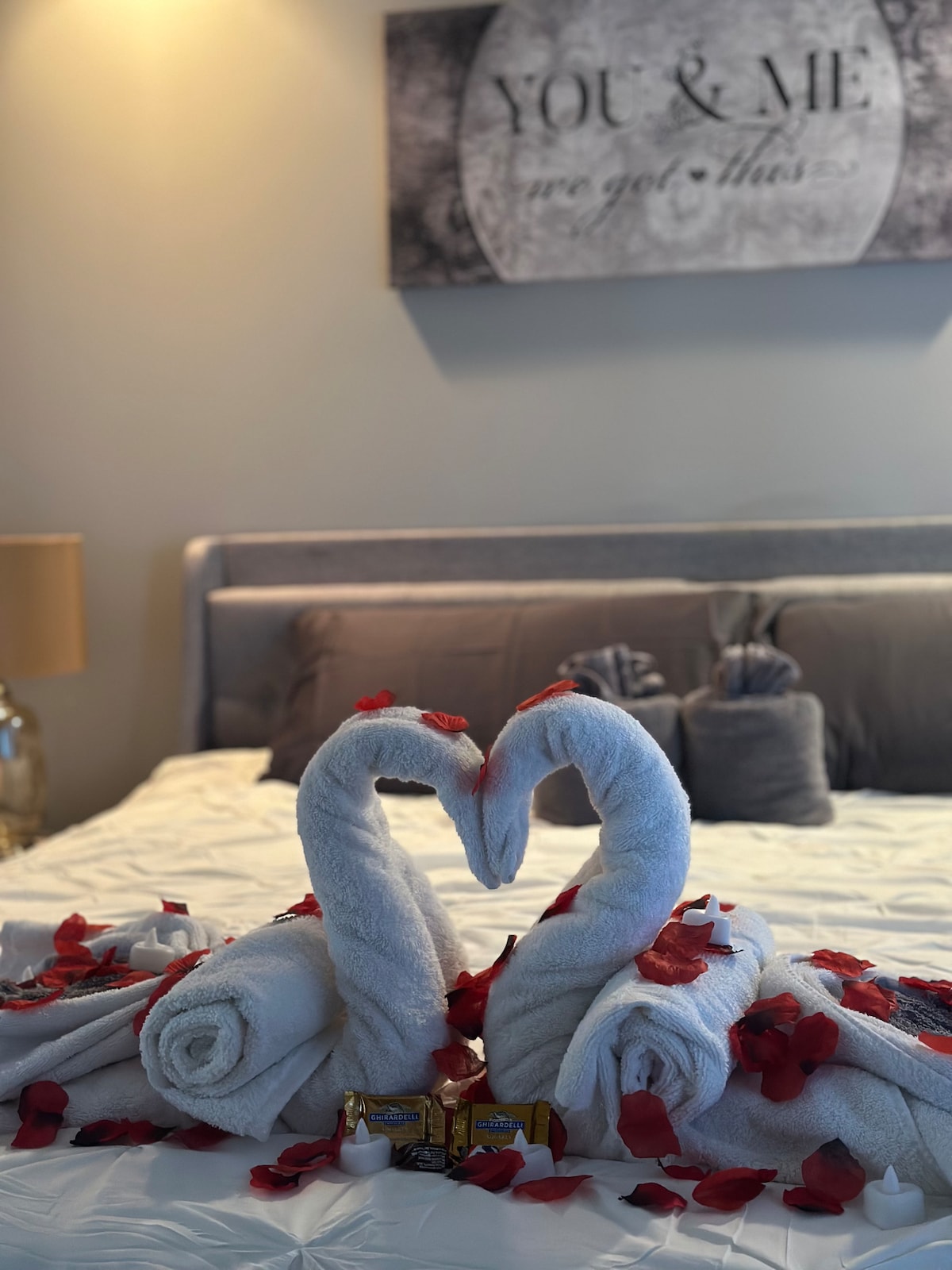 Romantic room turndown with towel swans at Parkton Place